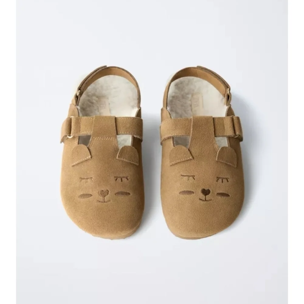 Zara Girls Tan Suede Leather Animal-Accent Sandals Clogs Sz-6